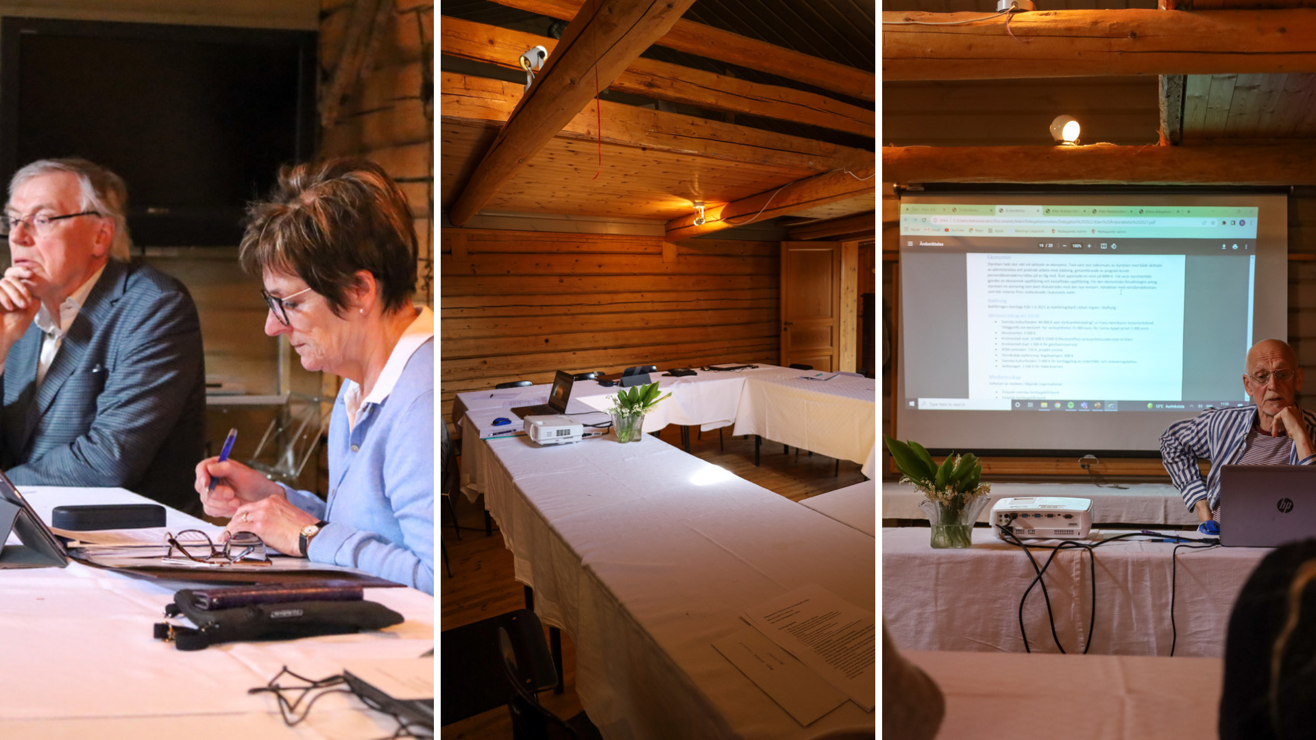 Människor i möte och presentation i Kilens kabinett, med dukade bord och projektor.