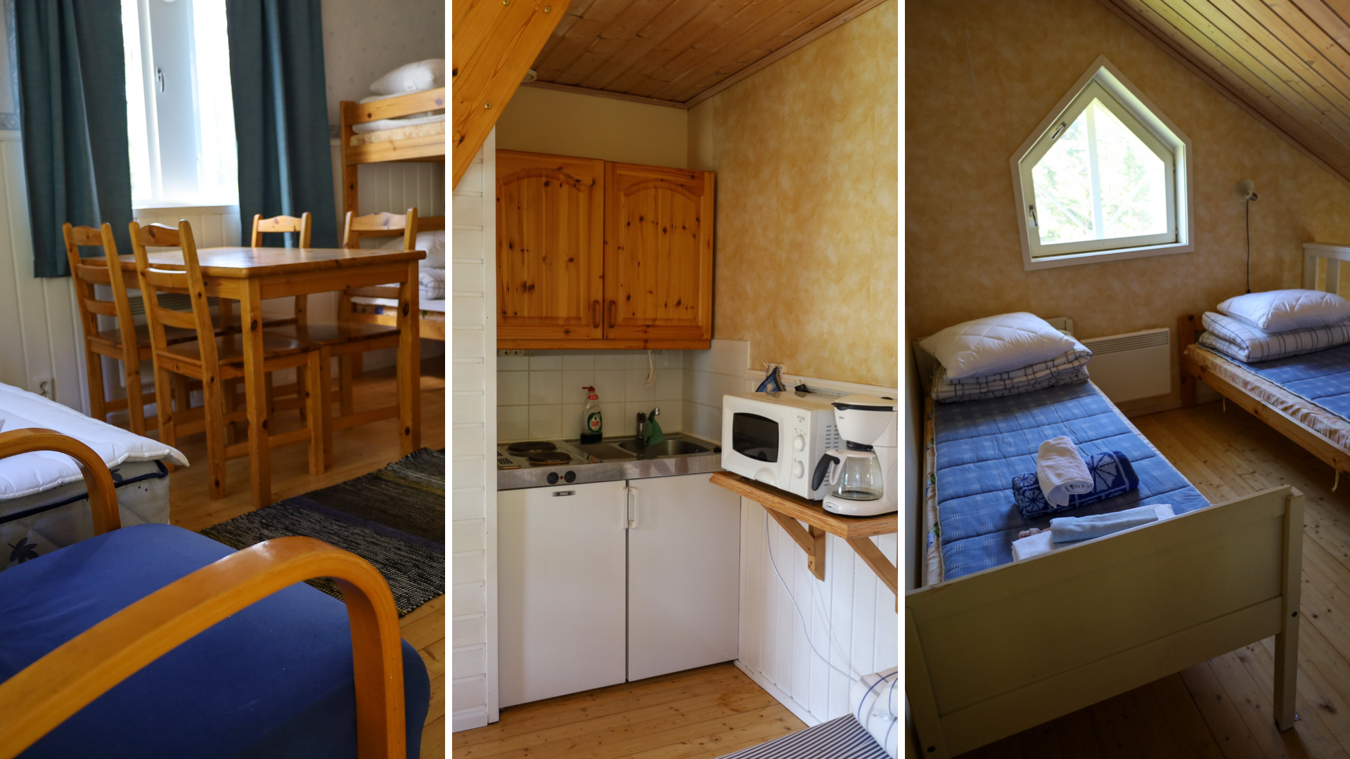 Kollage av interiörer från Gästhuset Kilstrand – sovrum med våningssängar, kök och övre loft med enkelsängar