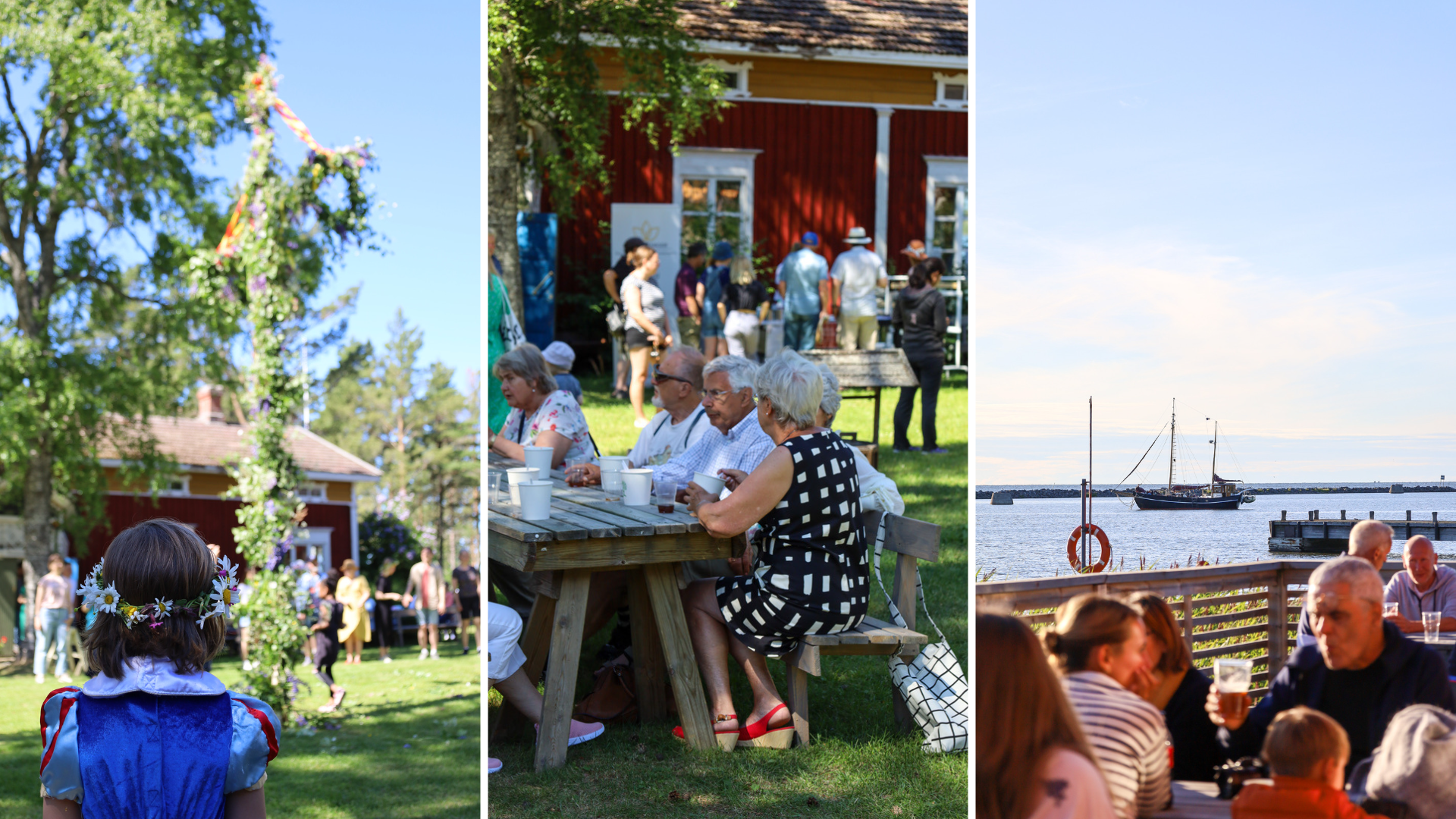 Midsommarfirande på Kilens hembygdsgård i Sideby med midsommarstång, trädgårdsfika och utsikt över havet med segelbåt.