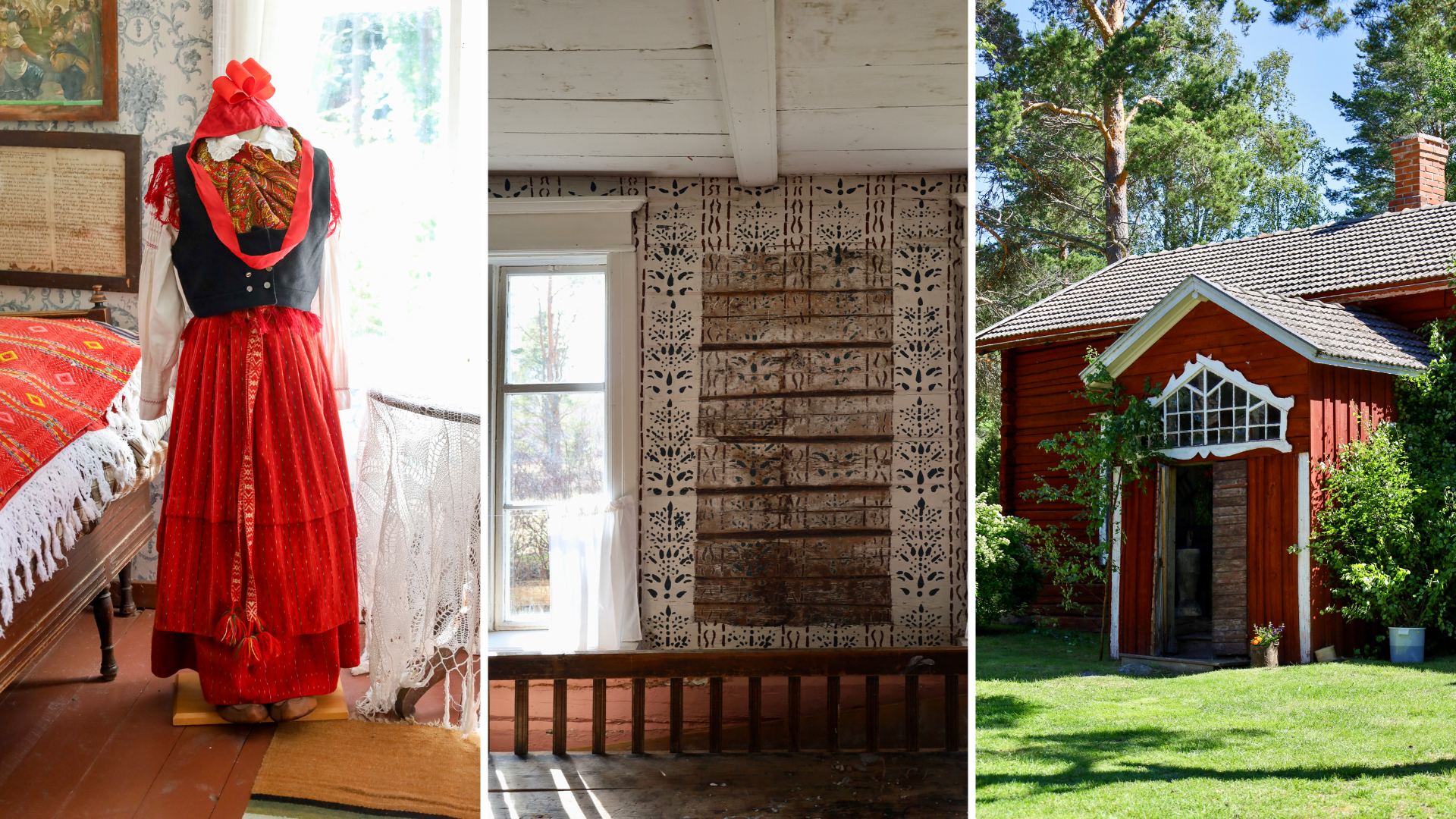 Inredning från Kilens hembygdsmuseum: folkdräkt i rött i ett traditionellt sovrum, målad vägg med mönster i en gammal stuga, samt utsidan av en röd timmerbyggnad med vit snickarglädje kring farstun.