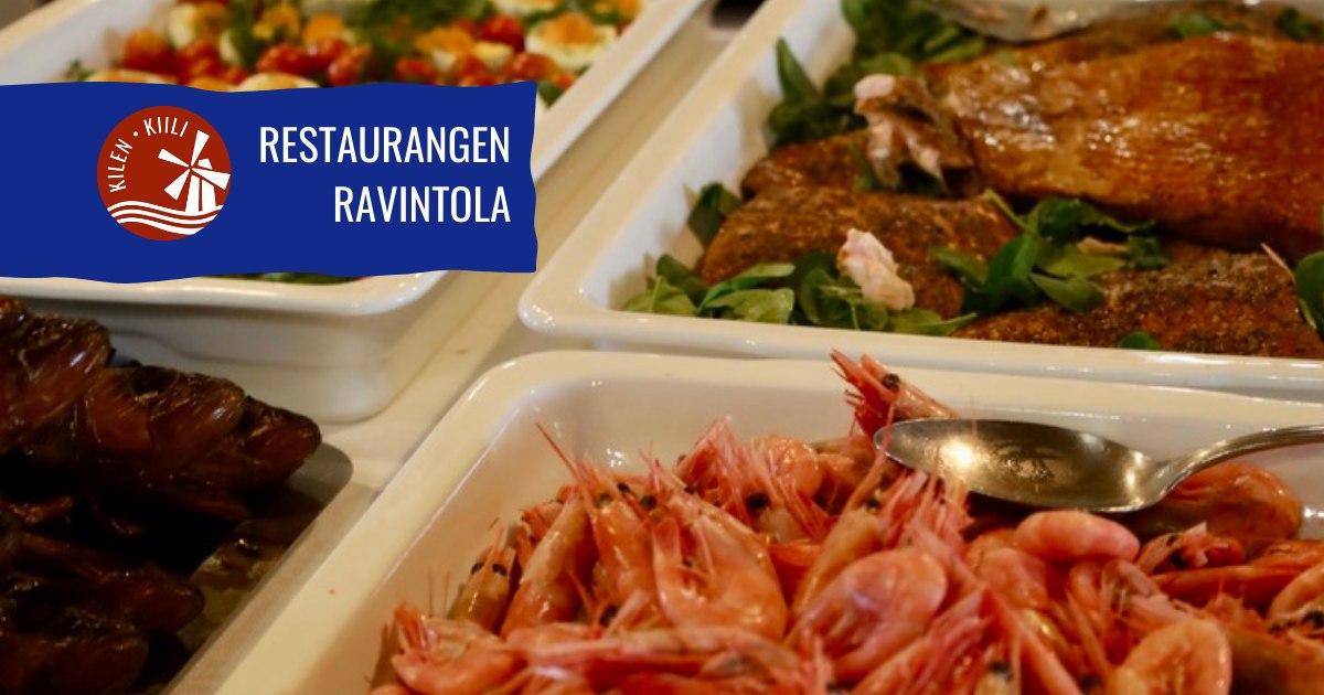 Lokal fisk- och skaldjursbuffé på Kilens sommarrestaurang med lax, räkor och sallad